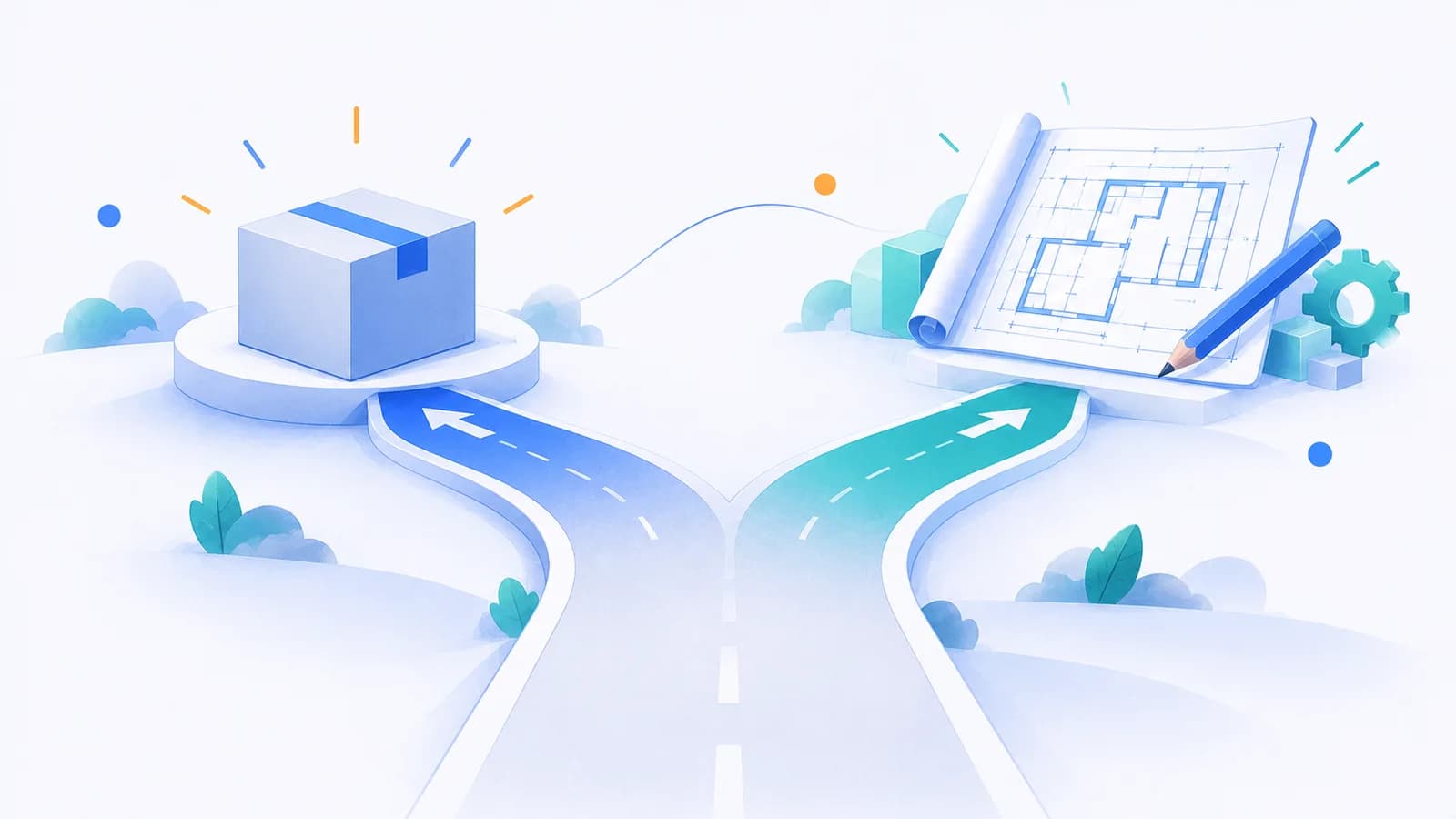 طريق يتفرع نحو صندوق جاهز من جهة ومخطط تصميم من الجهة الأخرى